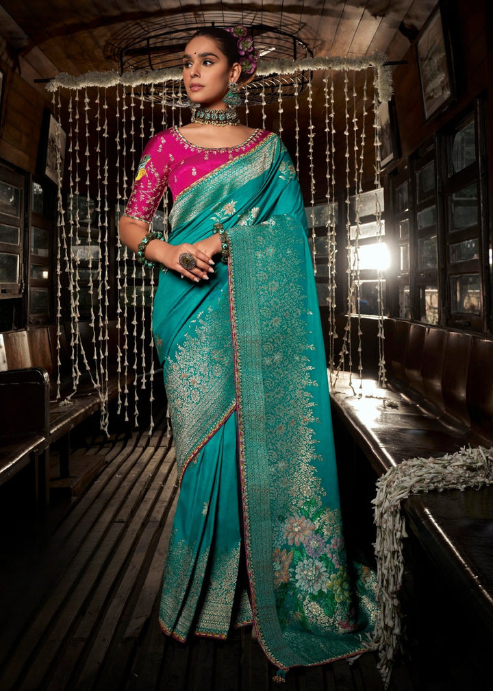 Teal Soft Dola Viscous Silk with 3d Weaved Pallu and contrast blouse Saree