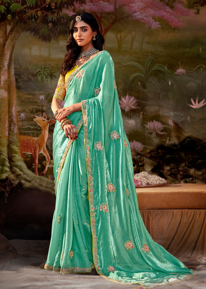 Mustard And Aqua Green Saree With Embroidery And Handwork Designer Cut Border