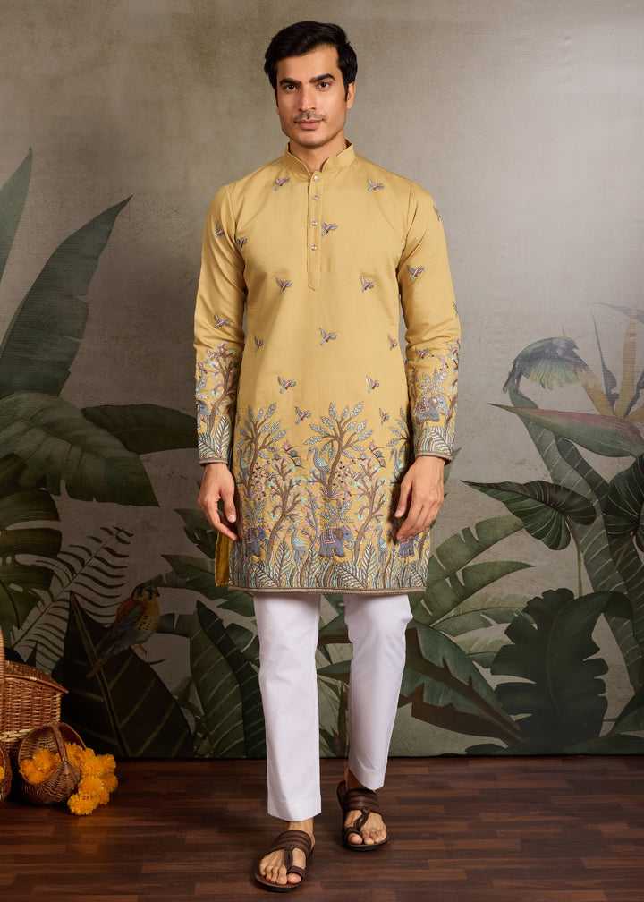 Mustard Yellow Mens Silk Kurta with Pant