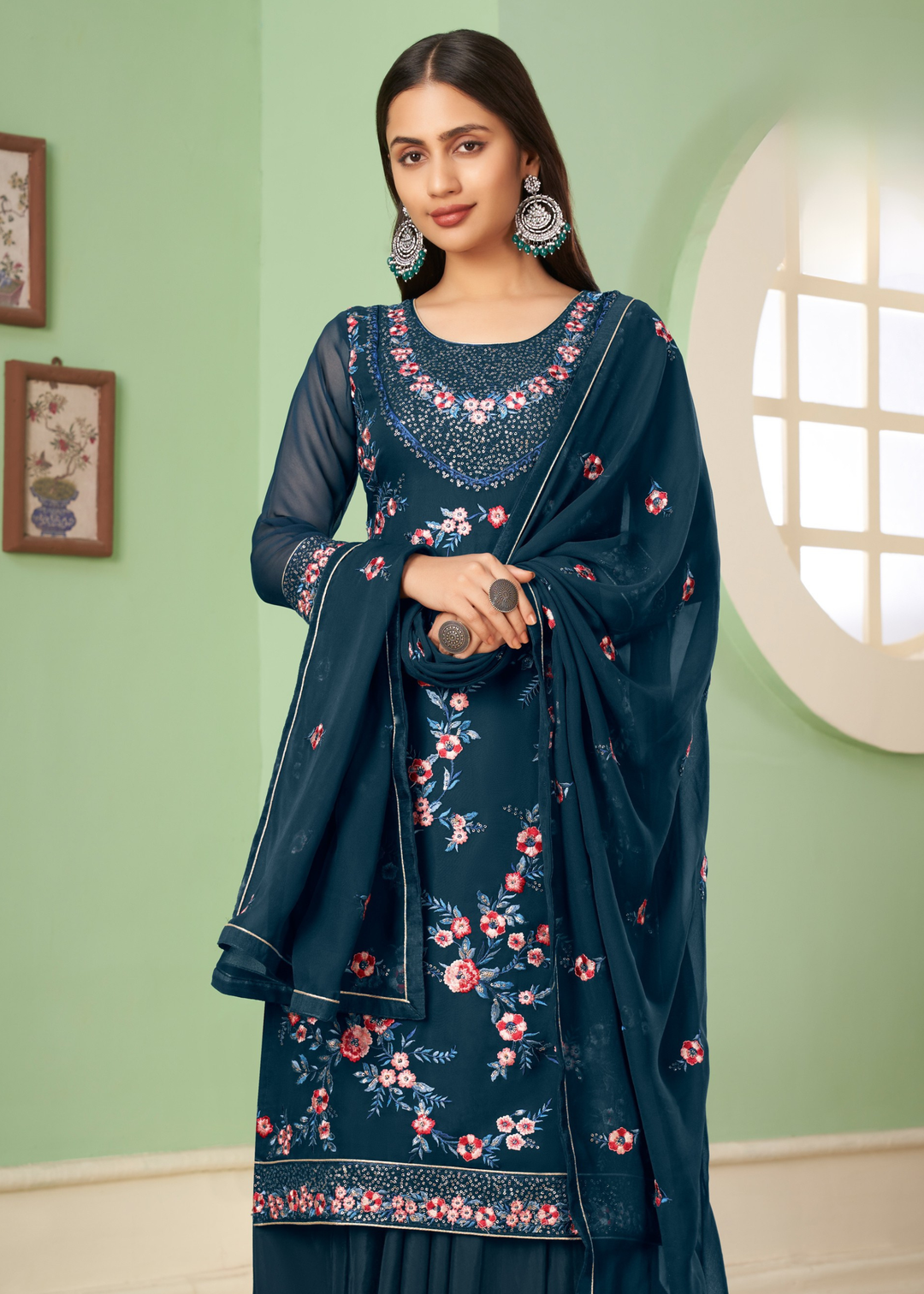 Space Blue Georgette Salwar Suit with Multi Colour Thread Embroidery & Sequence work