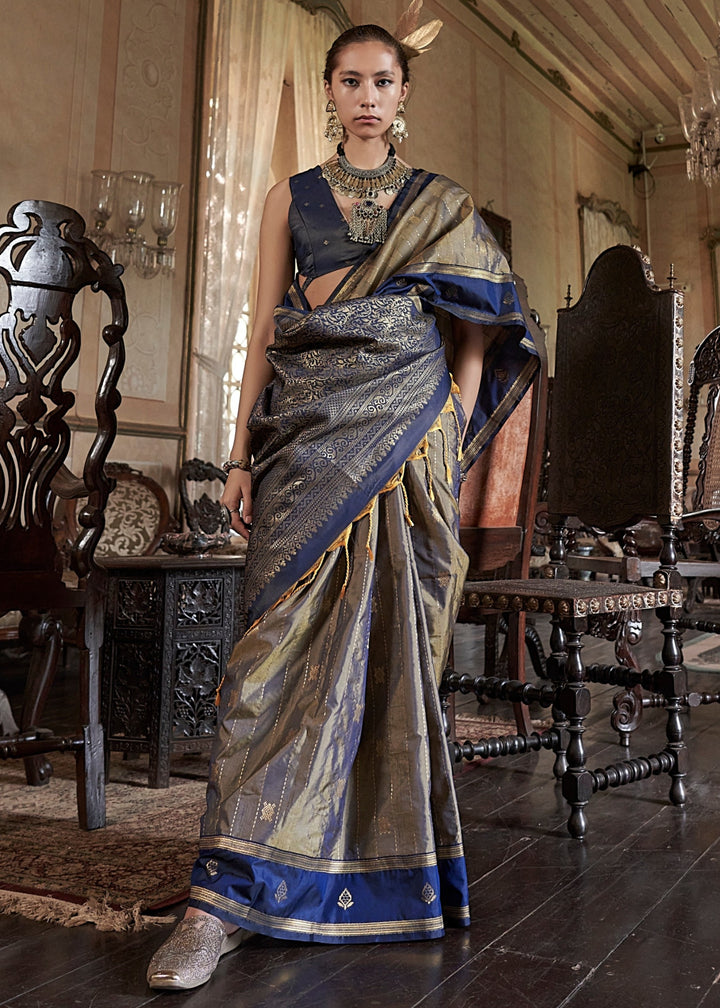 Copper Tussar Silk Handloom Weaving Saree