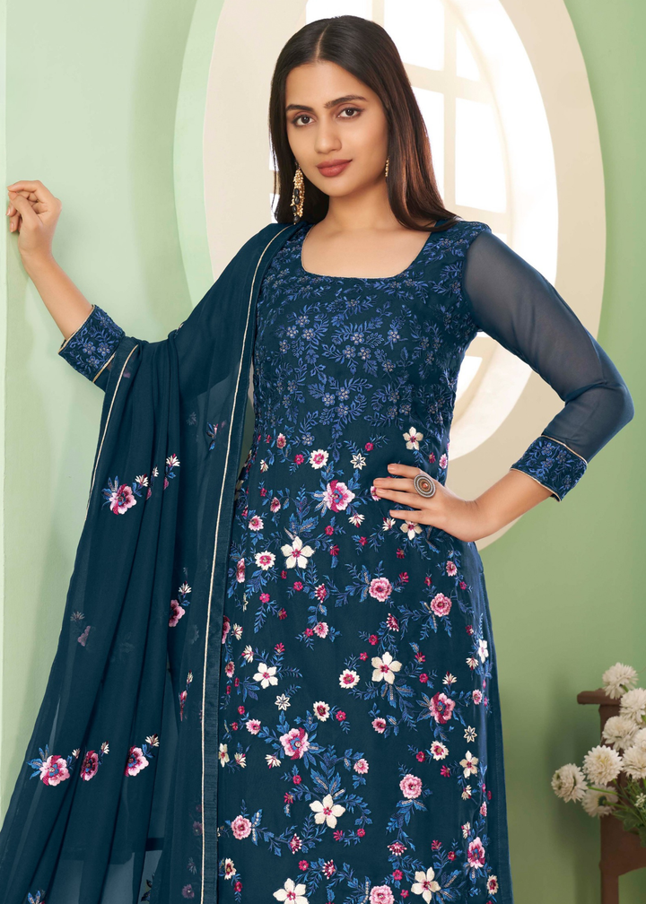 Cobalt Blue Georgette Salwar Suit with Multi Colour Thread Embroidery & Sequence work