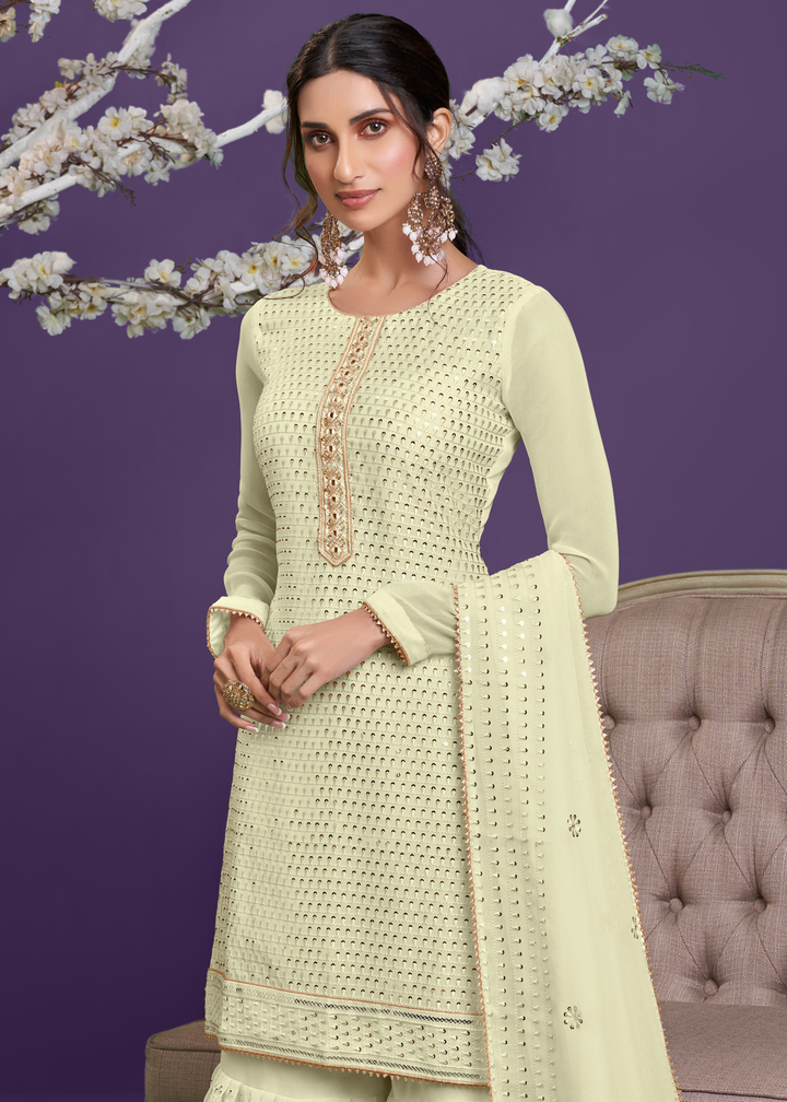 Blonde Yellow Georgette Sharara Suit with Thread, Sequins & Khatli work