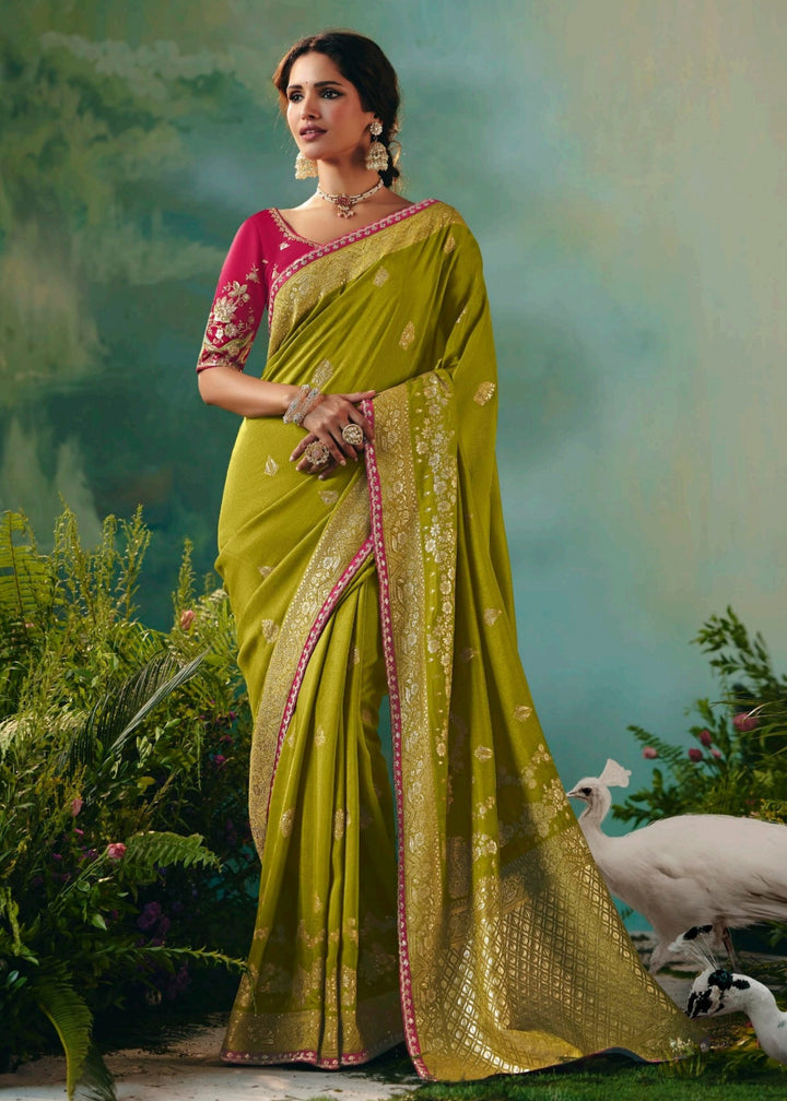 Olive Green Pure Viscose Dola Silk Saree with Zari Weaving & Embroidered Blouse
