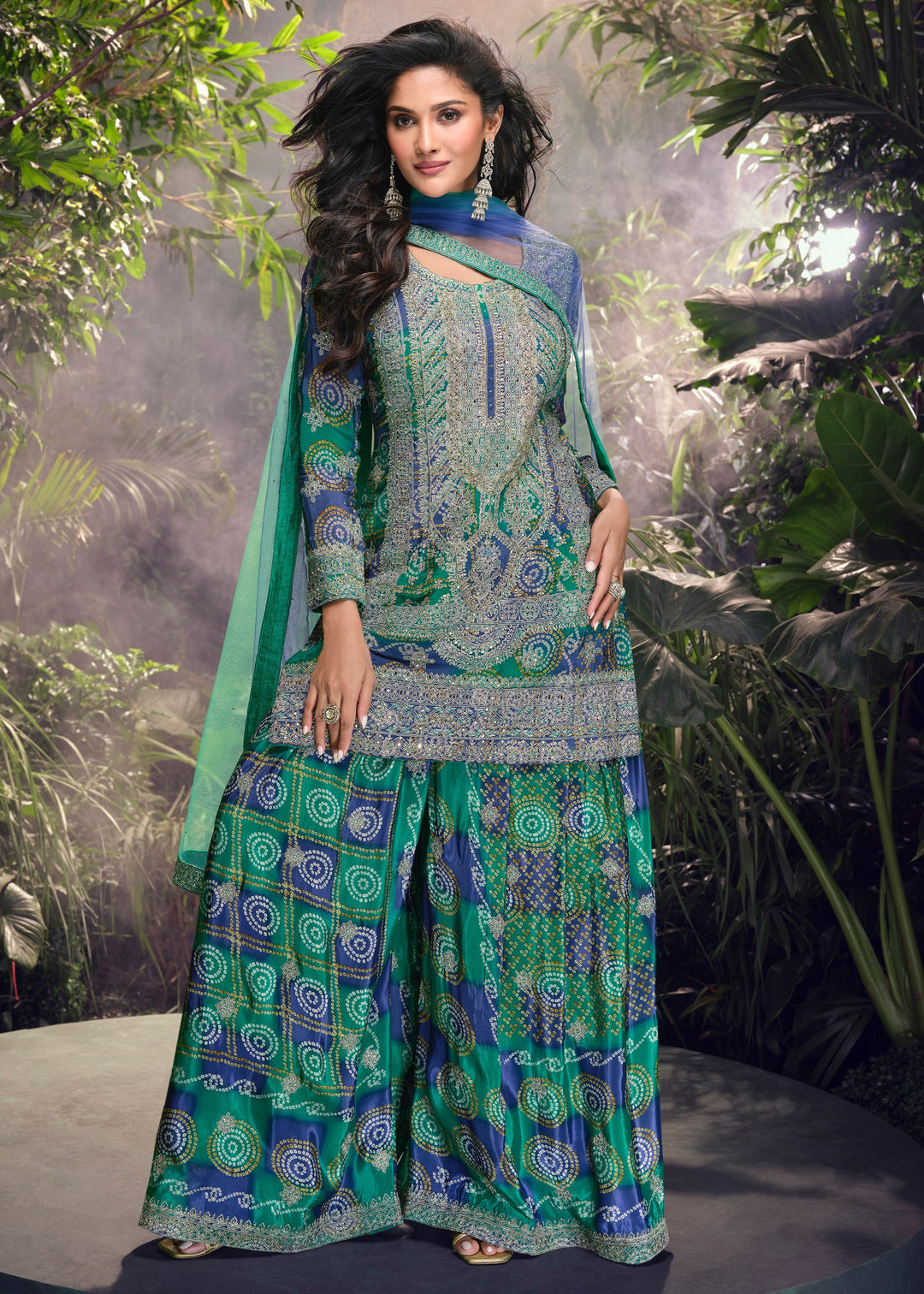 Peacock Blue Chinnon Silk Plazo Suit With Mirror Thread