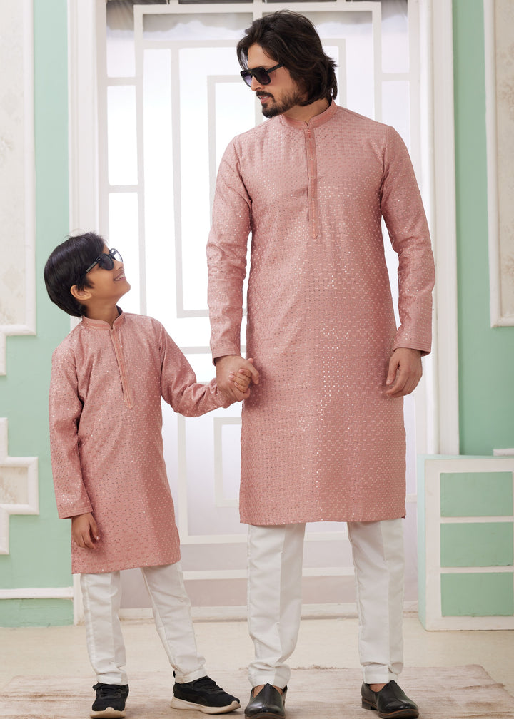 Peach Silk Mens Kurta Set With Thread Embroidery Work