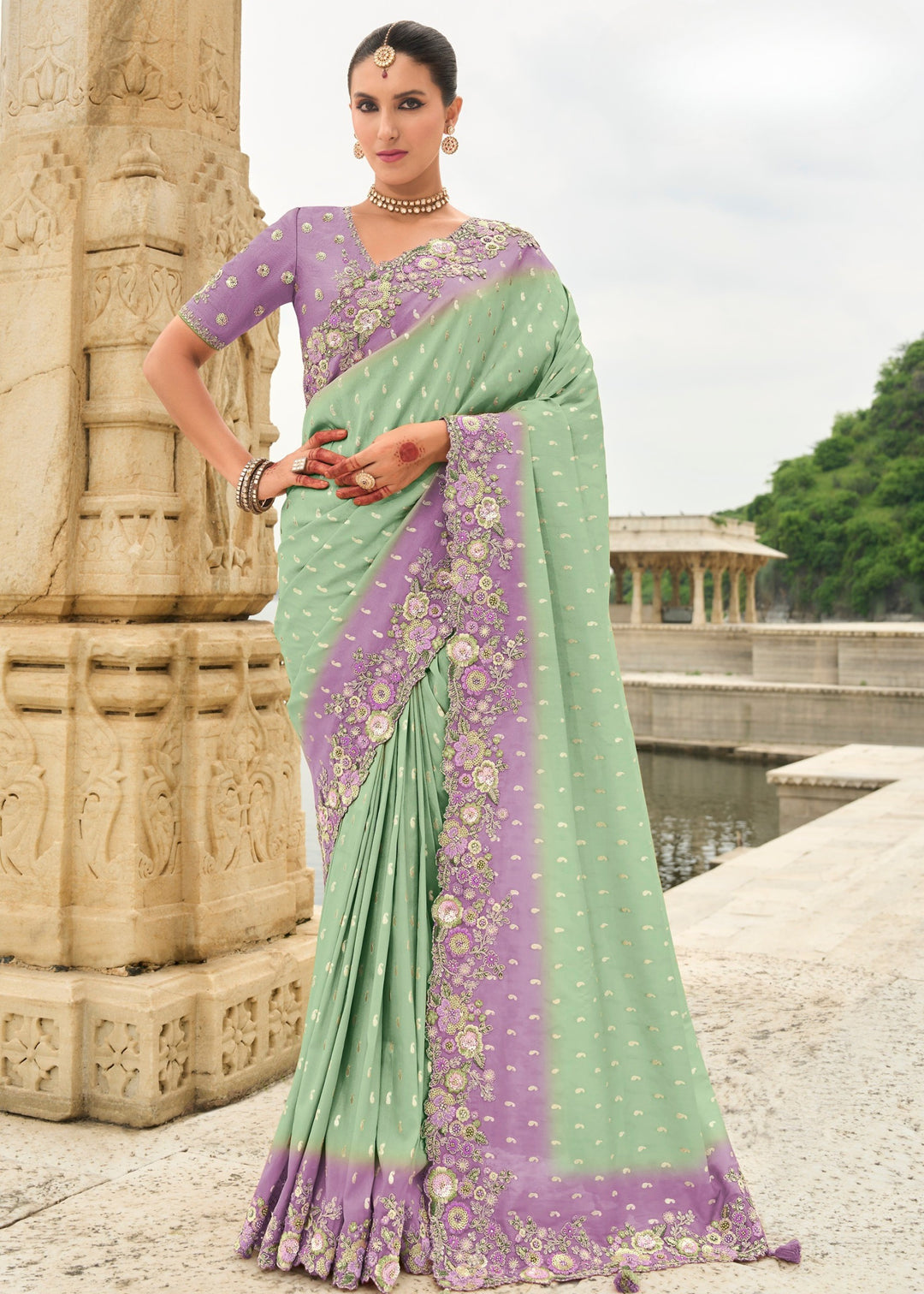 Mint Silk Saree With Embroidery Cut and Butti Work