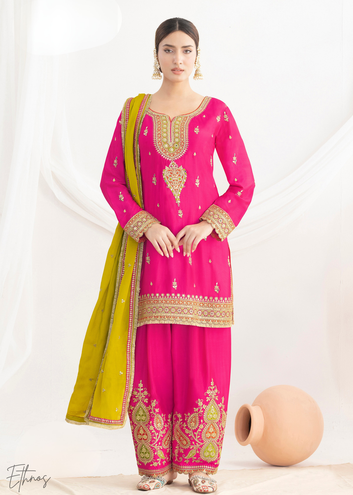 Bright Pink Chinnon Silk Salwar Suit