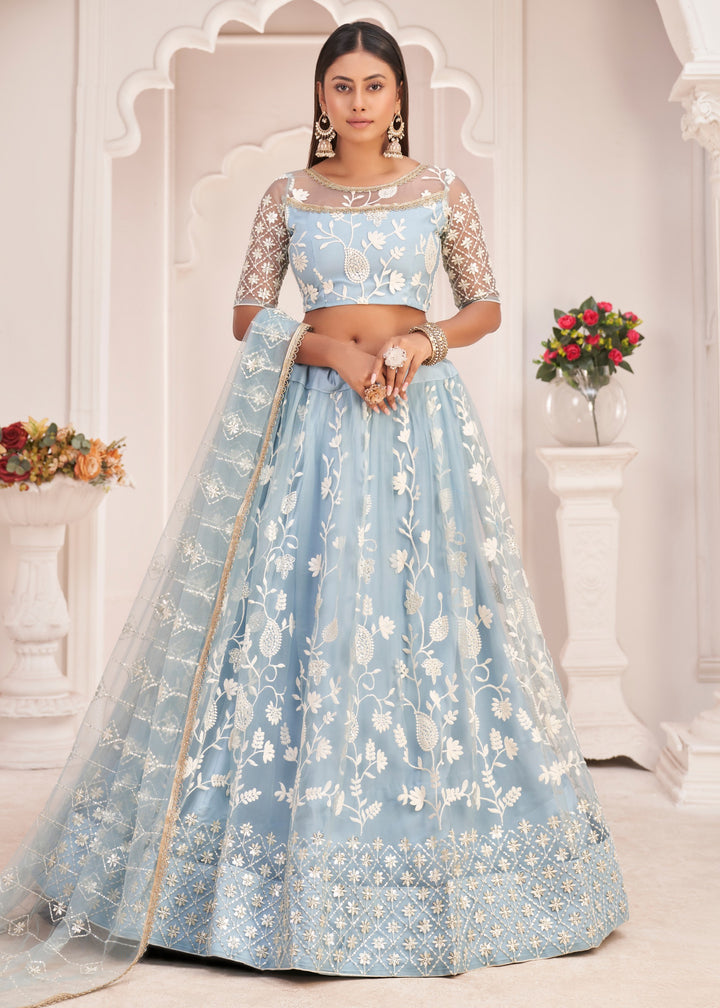 Sky Blue Designer Soft Net Lehenga With Cotton Thread And Sequins Embroidery Work