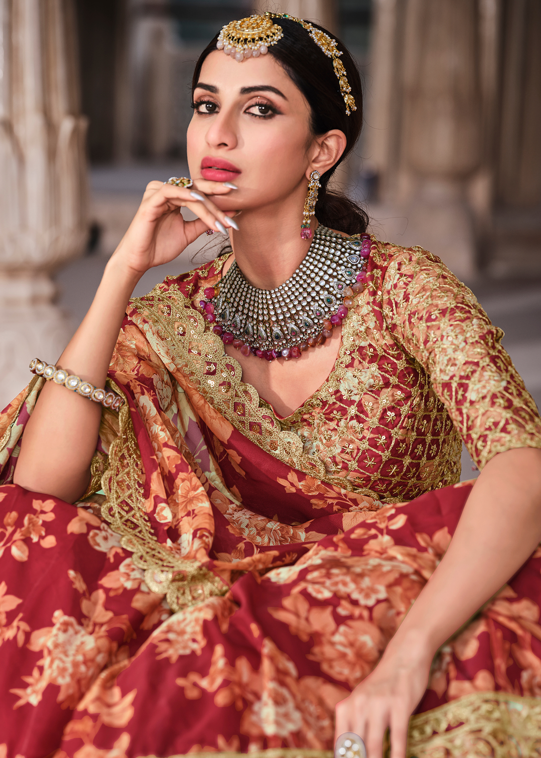 Carmine Red Floral Printed Organza Lehenga with Zari, Dori & Sequins Work