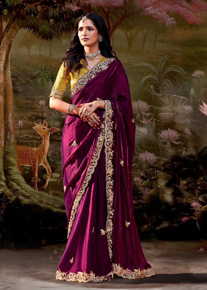 Mustard And Maroon Saree With Embroidery And Handwork Designer Cut Border
