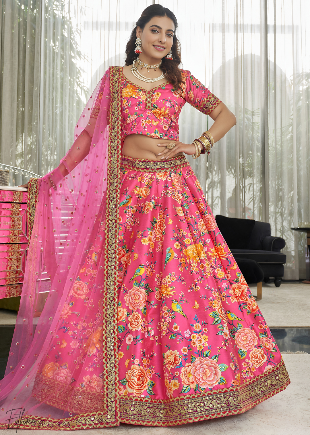 Deep Pink Silk Lehenga With Dupatta