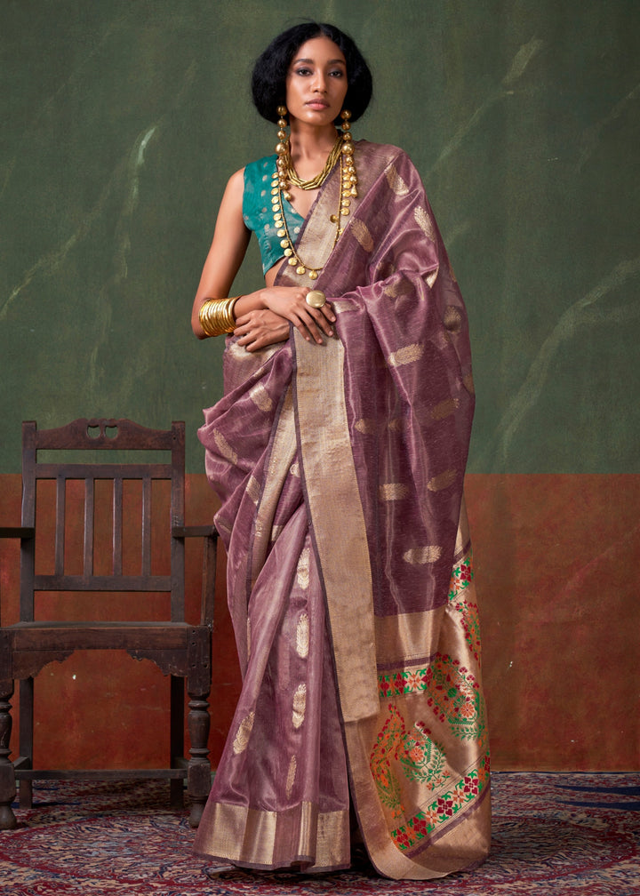 Mulberry Purple Paithani Tissue Silk Saree With Zari Work