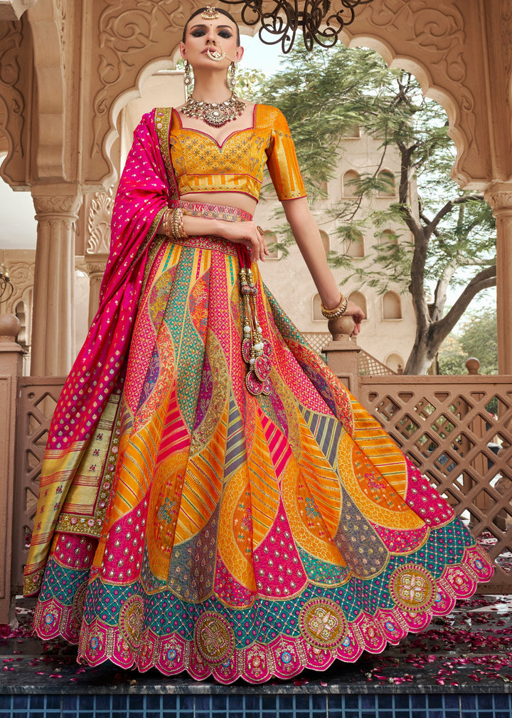 Bright Yellow Banarasi Silk Lehenga with Zarkan & Cutwork