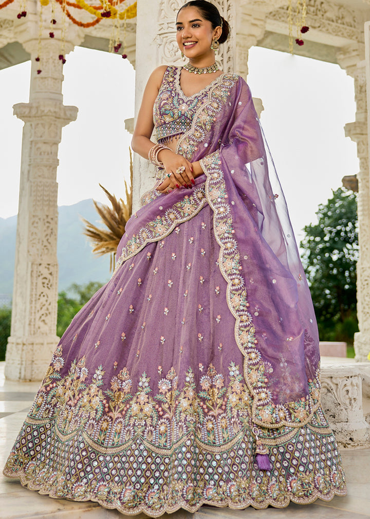 Purple Satin Silk Lehenga Choli with Sequinned Embroidered
