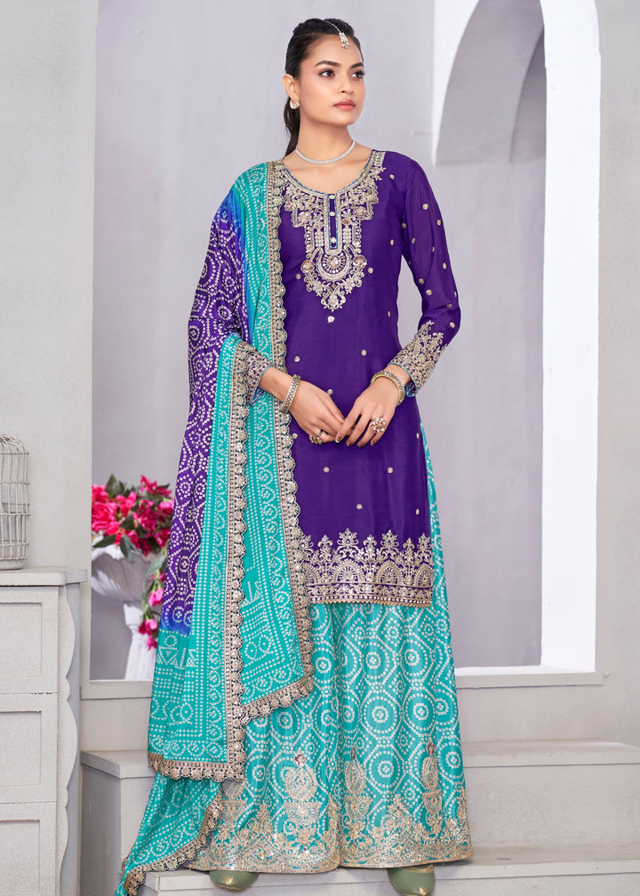 Shades of Blue Chinon SIlk Plazo Suit With Embroidered Work