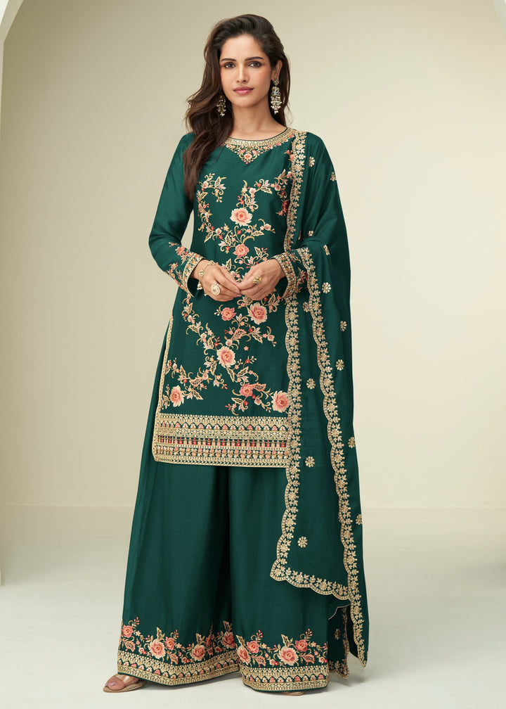 Hunter Green Chinon SIlk Plazo Suit With Embroidered Work