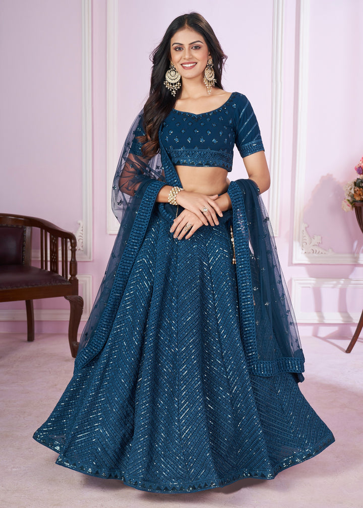 Teal Blue Georgette Lehenga Choli With Sequins And Thread Embroidery Work
