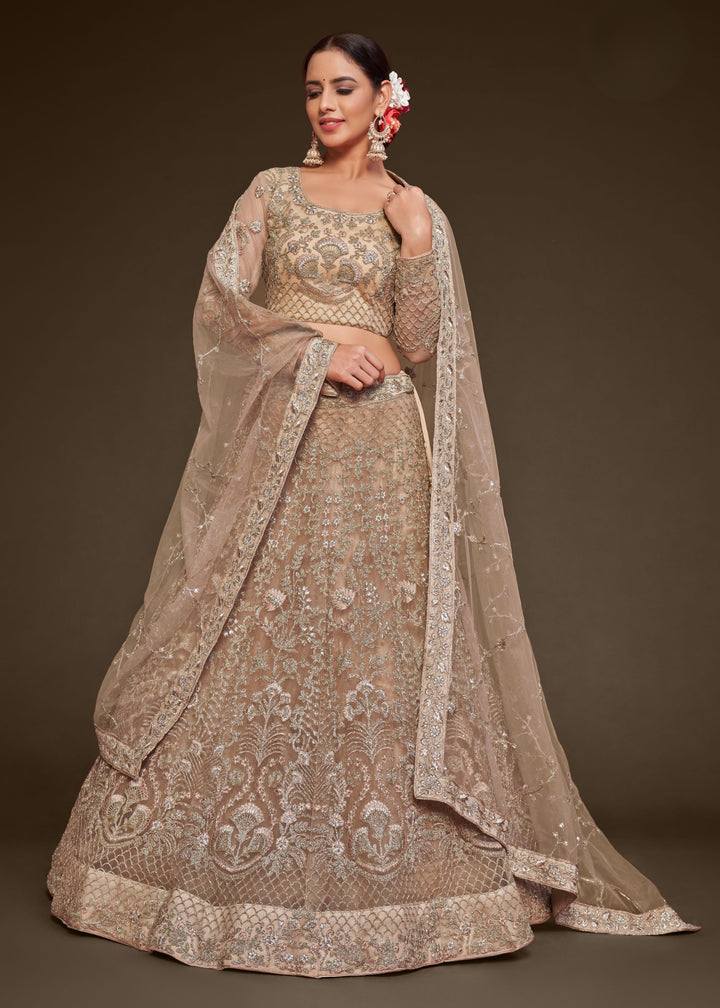 Beige Soft Net Lehenga with Thread, Zari, Badla and Glitter Dori Embroidery Work