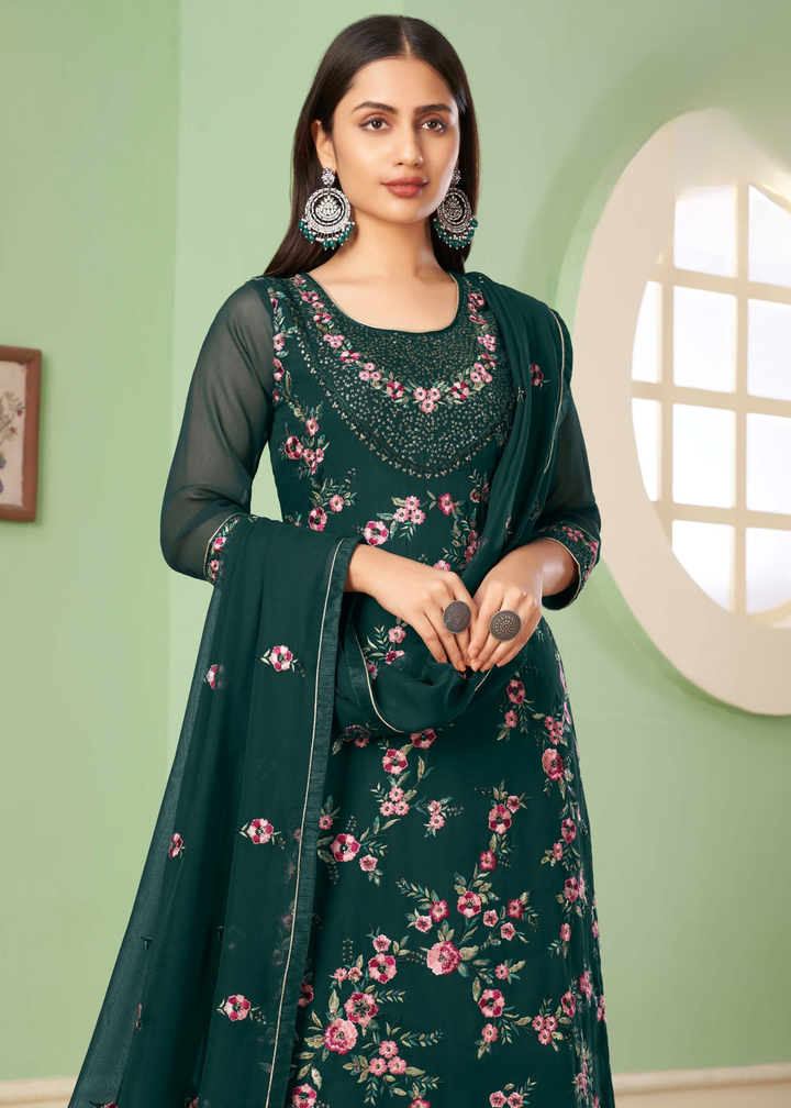 Pine Green Georgette Salwar Suit with Multi Colour Thread Embroidery & Sequence work
