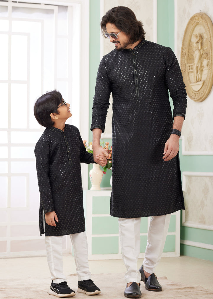 Black Silk Mens Kurta Set With Thread Embroidery Work