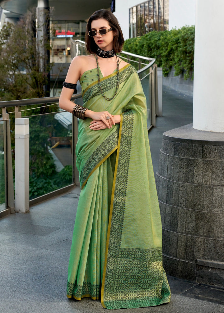Dynasty Green Linen Tissue Silk Saree