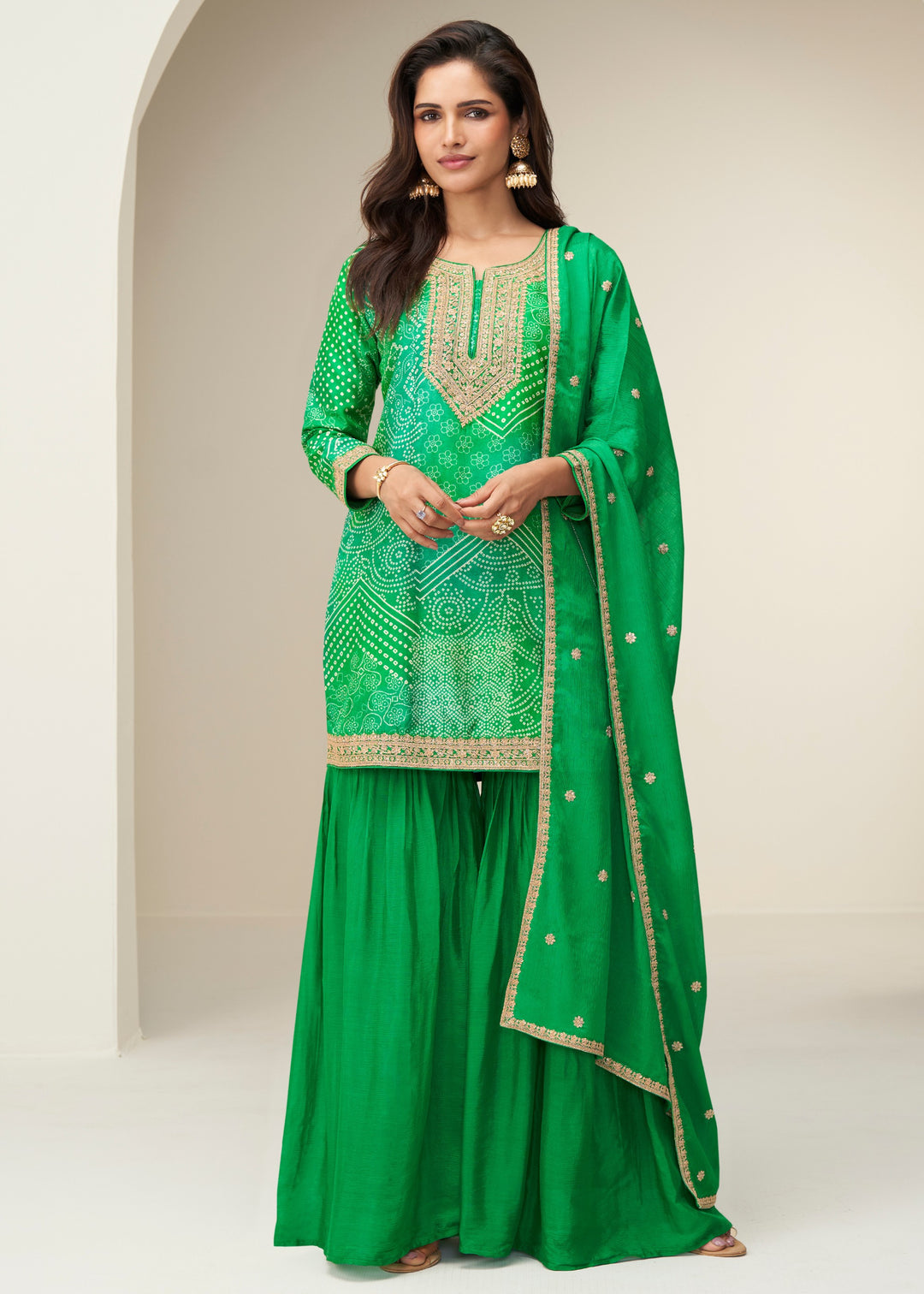 Parakeet Green Chinon Silk Sharara Suit