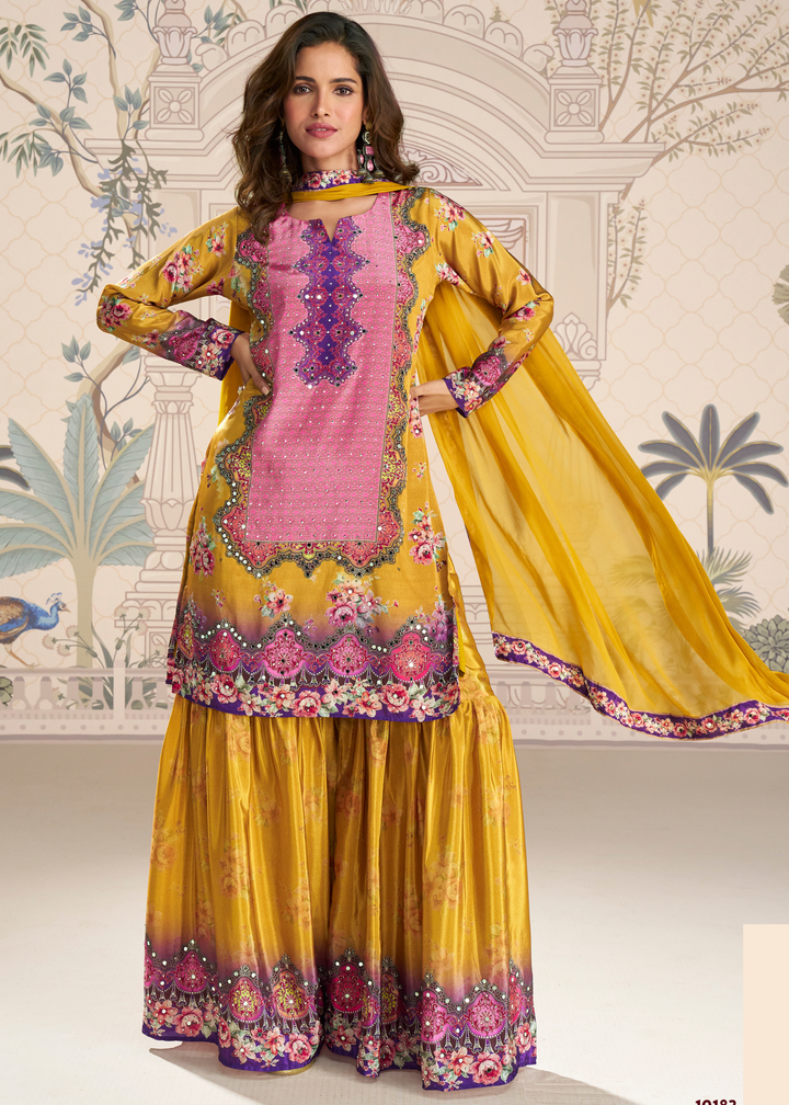 Mustard Yellow Crep Silk Sharara Suit