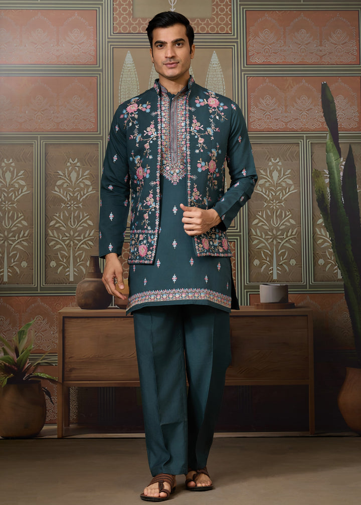 Rama Green Mens Wear Koti Style with Silk Kurta and Pajama