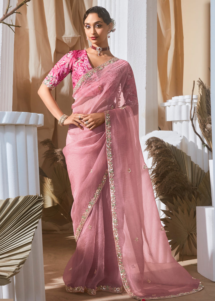 Light Pink Fancy Silk Saree With Printed Blouse
