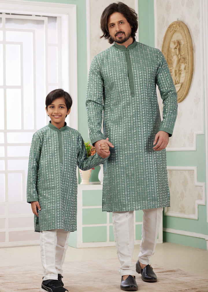 Ocean Green Silk Mens Kurta Set With Thread Embroidery Work