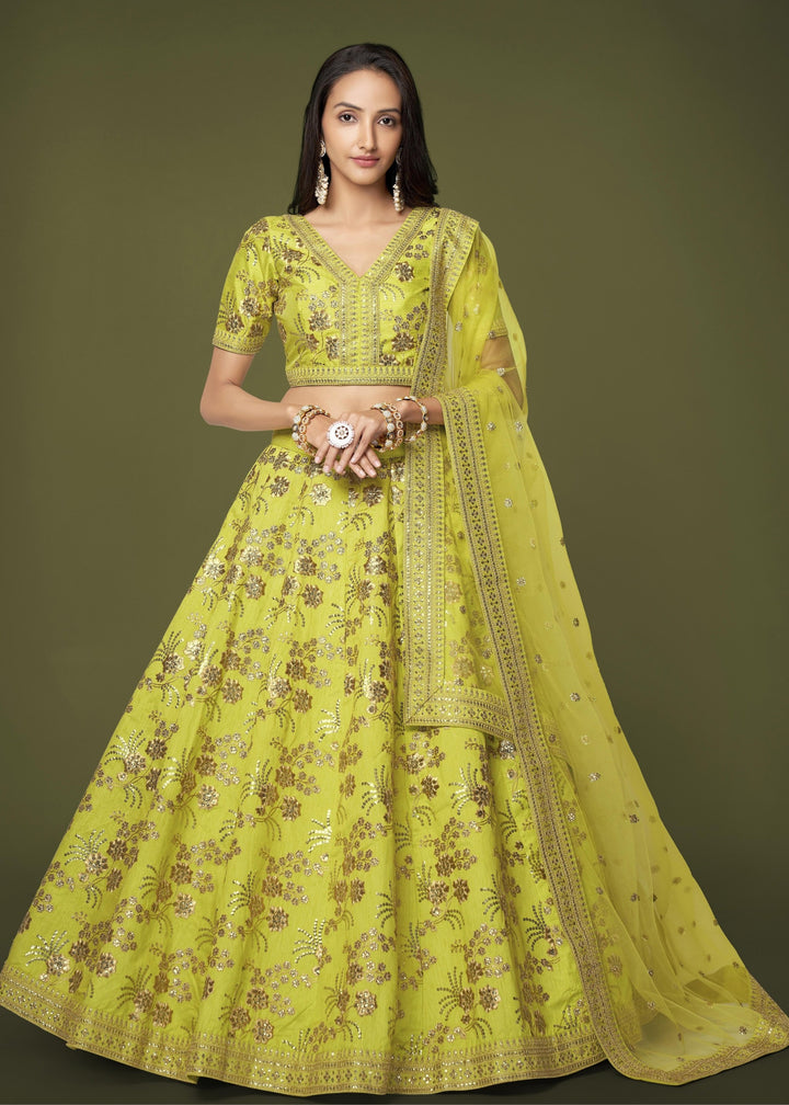 Neon Slub Silk Lehenga with Zari Sequins and Dori Embroidery Work
