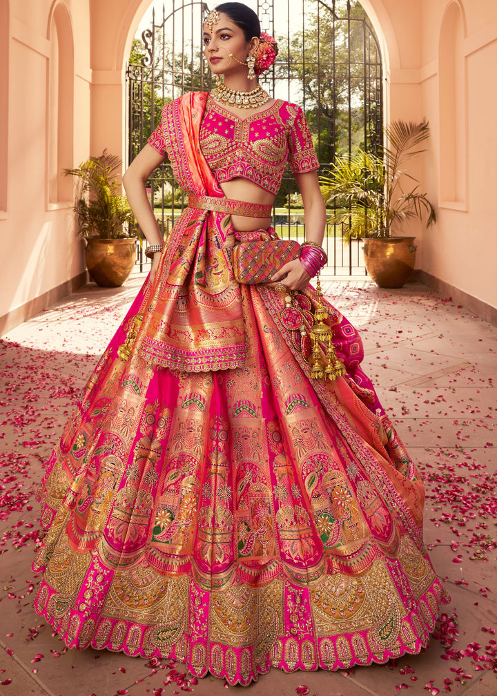 Deep Fuchsia Pink Banarasi Silk Lehenga With Golden Zari Work