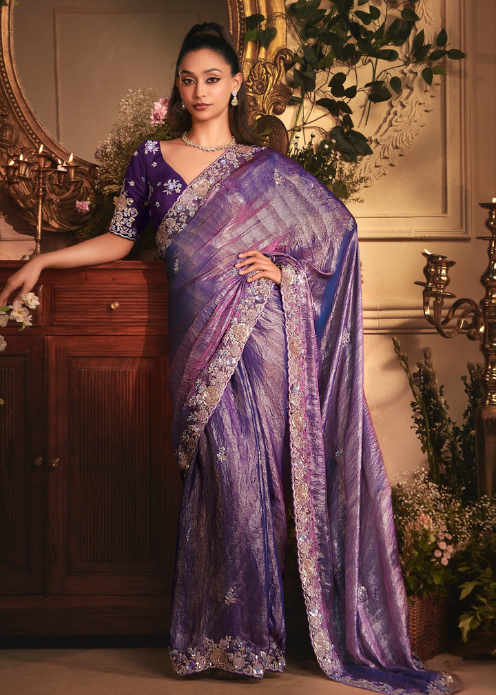 Royal Purple Tissue Organza Saree With Heavy Embroidery