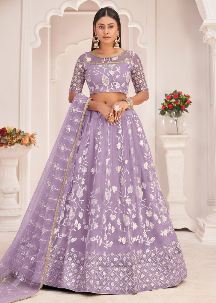 Lavender Designer Soft Net Lehenga With Cotton Thread And Sequins Embroidery Work