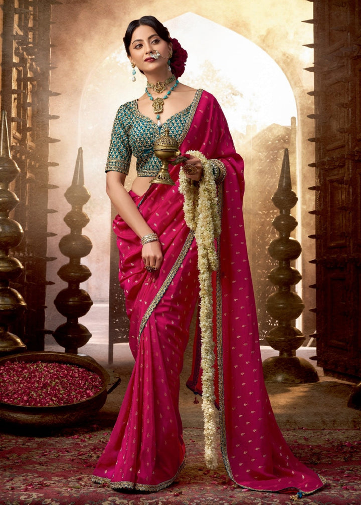 Red Pink Pure Viscous Crepe based fabric with Hand dying & Butti weaving Saree