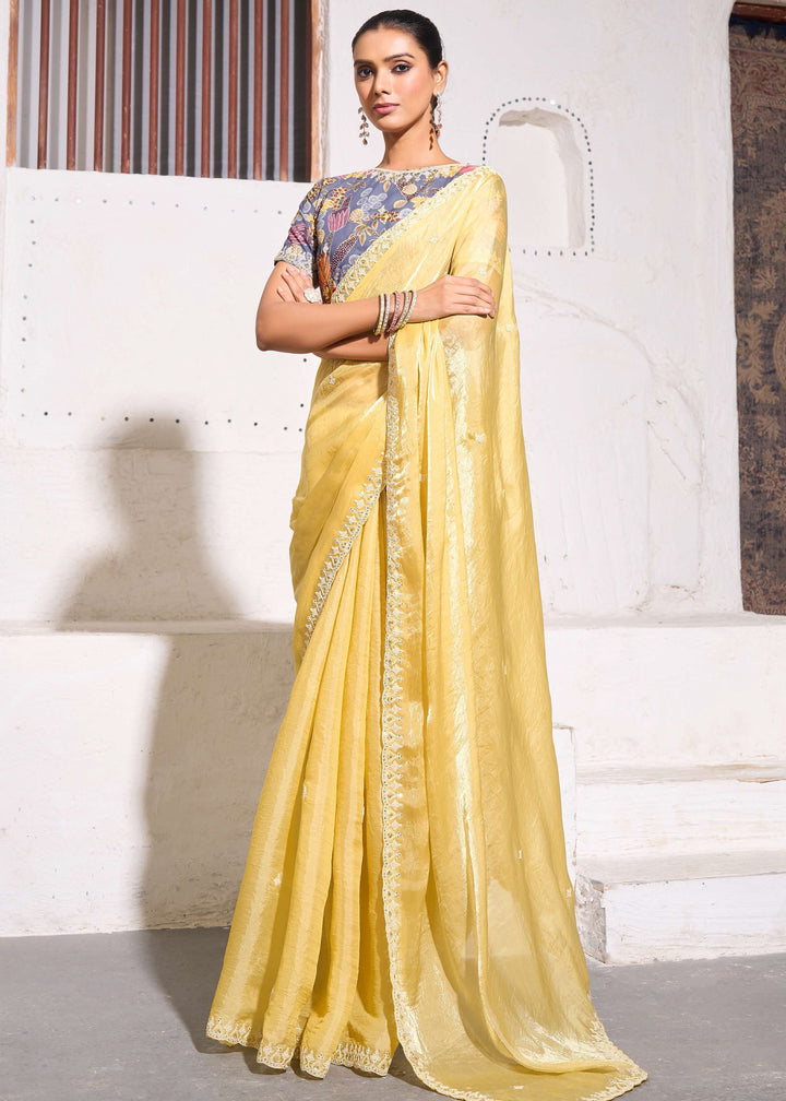 Canary Yellow Gold Crush Tissue Silk Saree : Top Pick