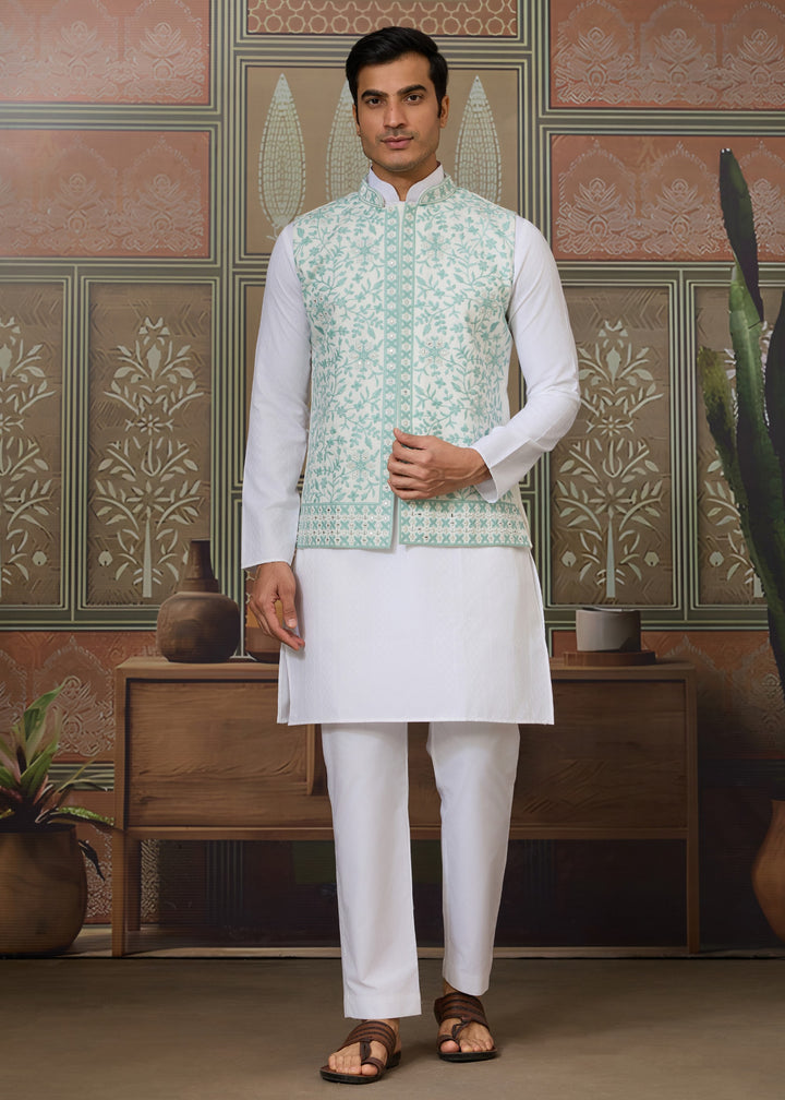 White Kurta And Pant With Soft Pastel Mint Green And White Embroidered Nehru Jacket