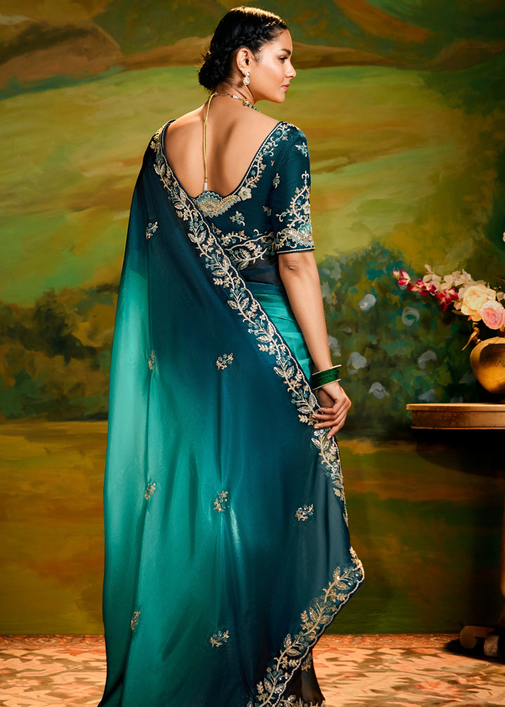 Peacock Blue Saree With Embroidery And Handwork Designer Cut Border