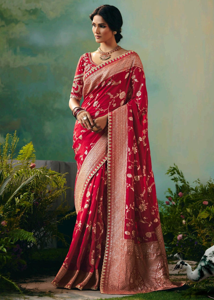 Deep Red Pure Viscose Dola Silk Saree with Zari Weaving & Embroidered Blouse