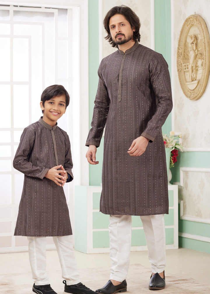 Mocha Brown Silk Mens Kurta Set With Thread Embroidery Work