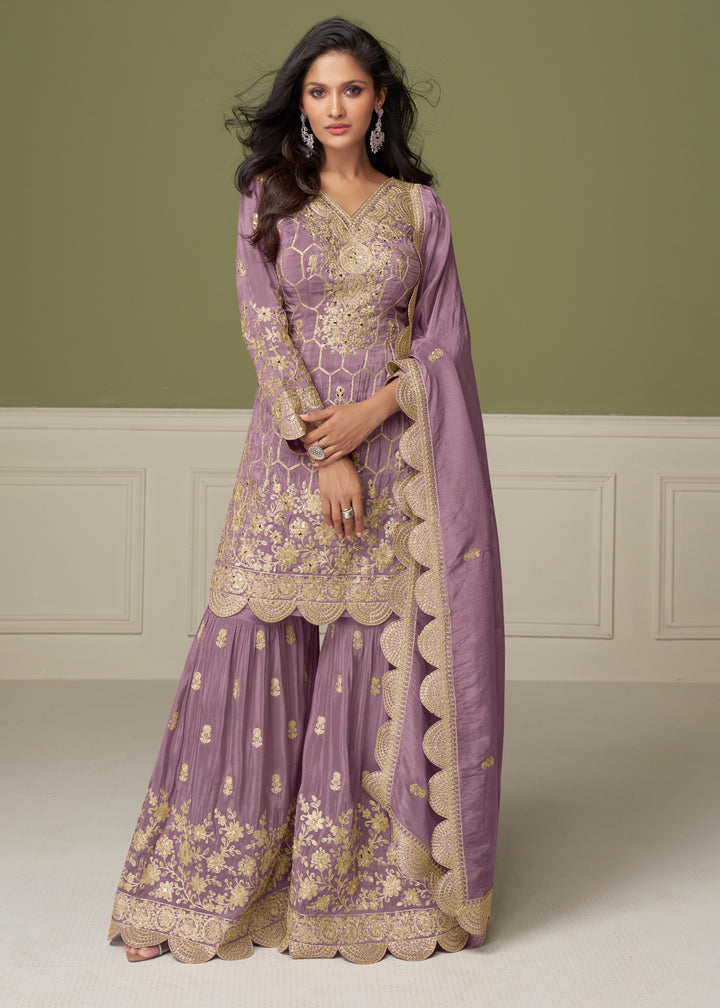 Soft Lavender Purple Silk Salwar Suit With Golden Embroidery