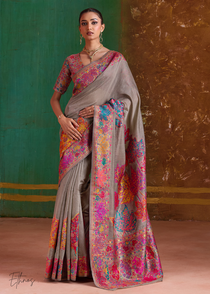 Mushroom Grey with Multicolour Floral Weave Saree