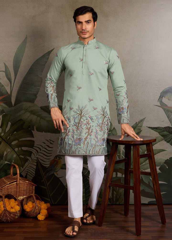 Sage Green Mens Silk Kurta with Pant