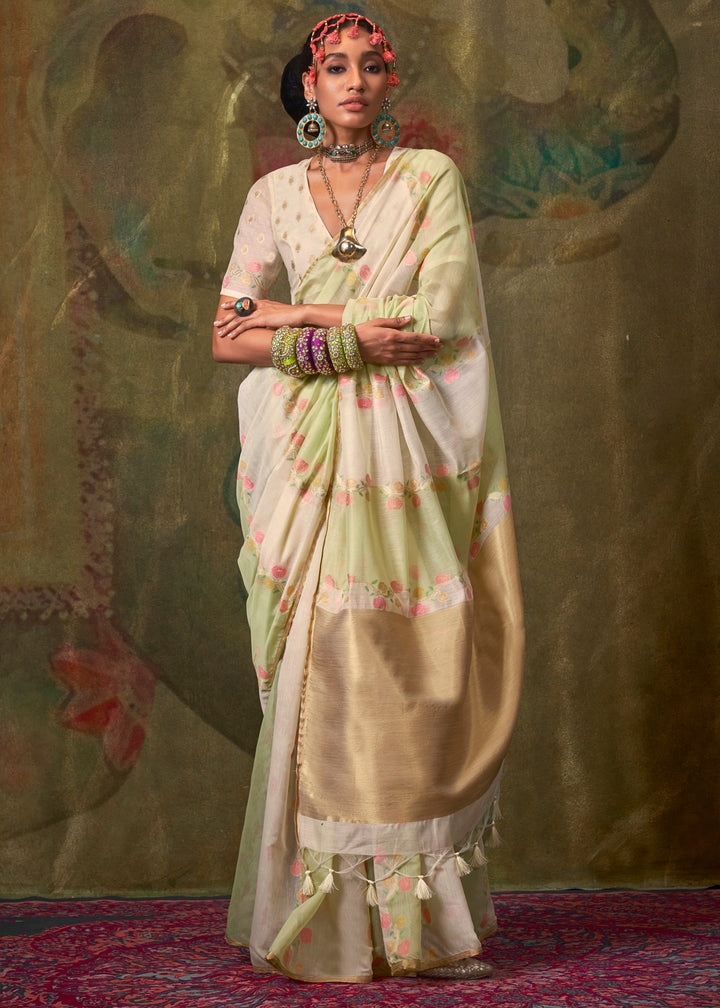 Off White And Green Cotton Silk Saree With Rangkaat Handloom Weaving