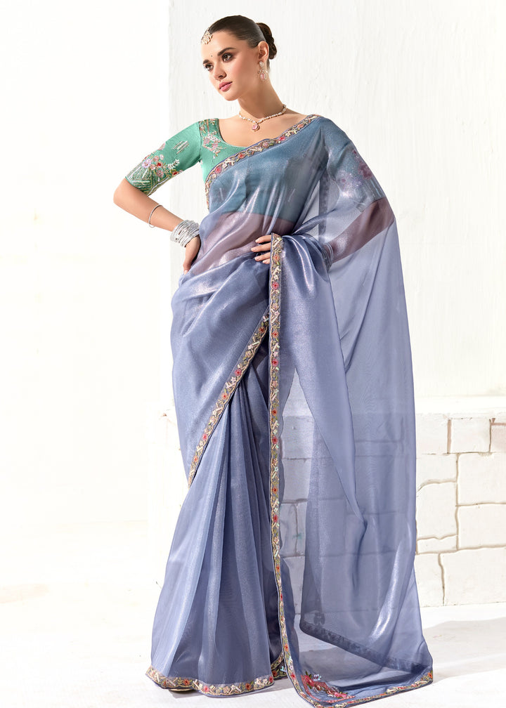 Cornflower Blue Organza Tissue Silk Saree With Heavy Work Border And Designer Blouse