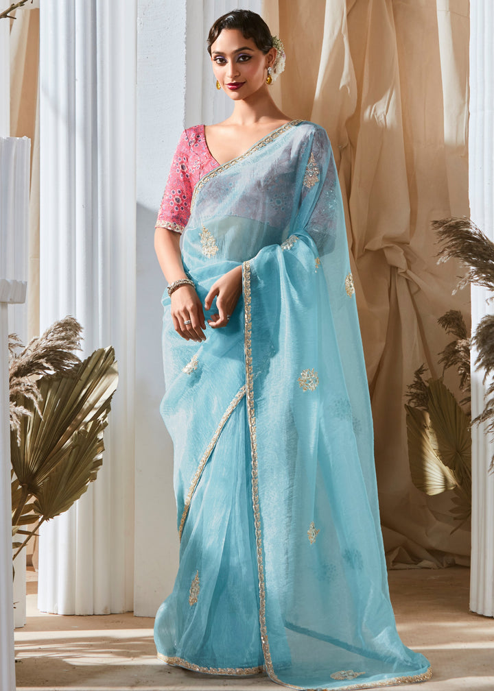 Sky Blue Fancy Silk Saree With Printed Blouse