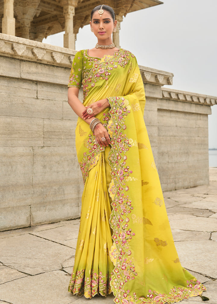 Bright Yellow Viscose Tissue Silk Saree