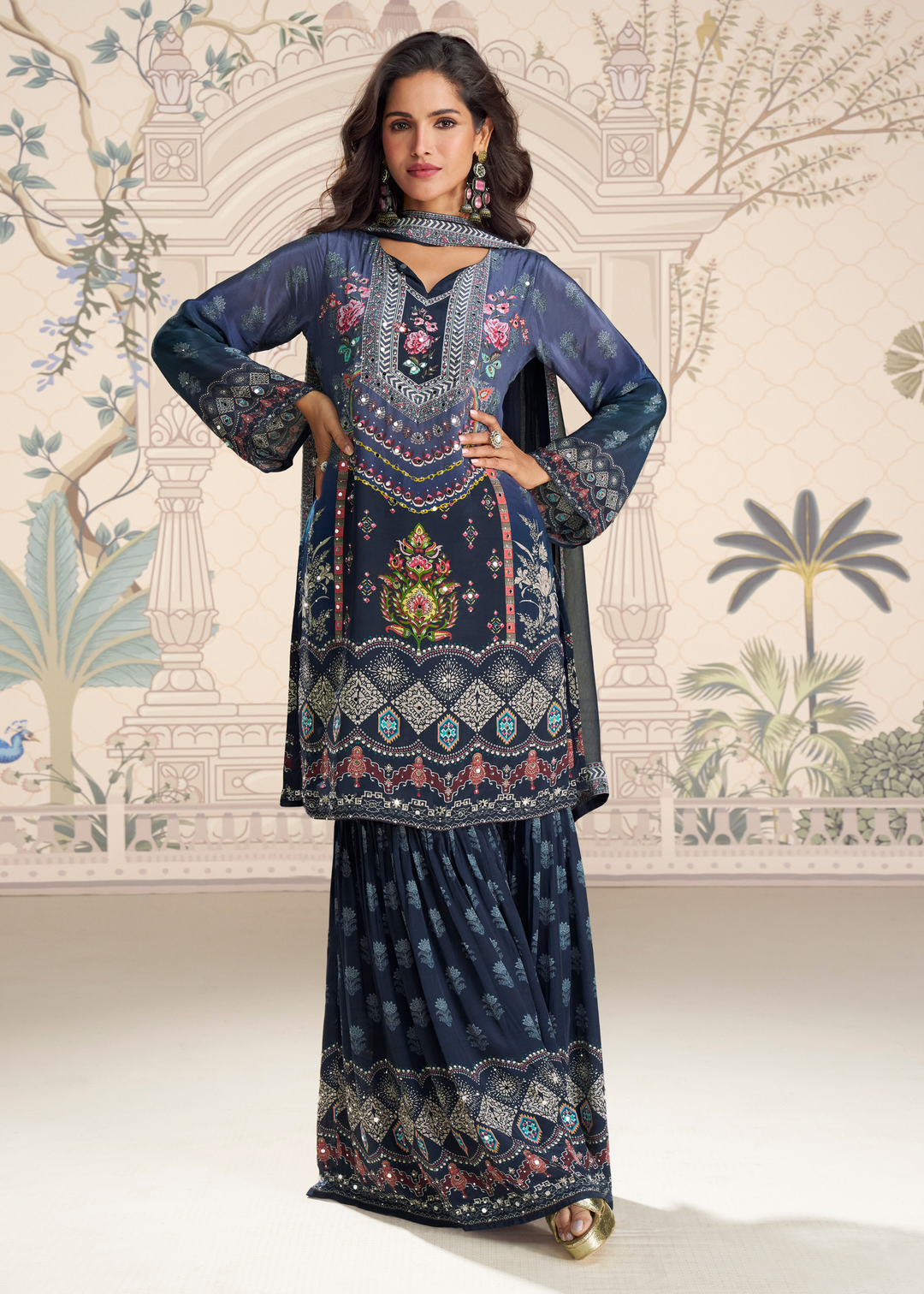 Deep Navy Blue Crep Silk Sharara Suit