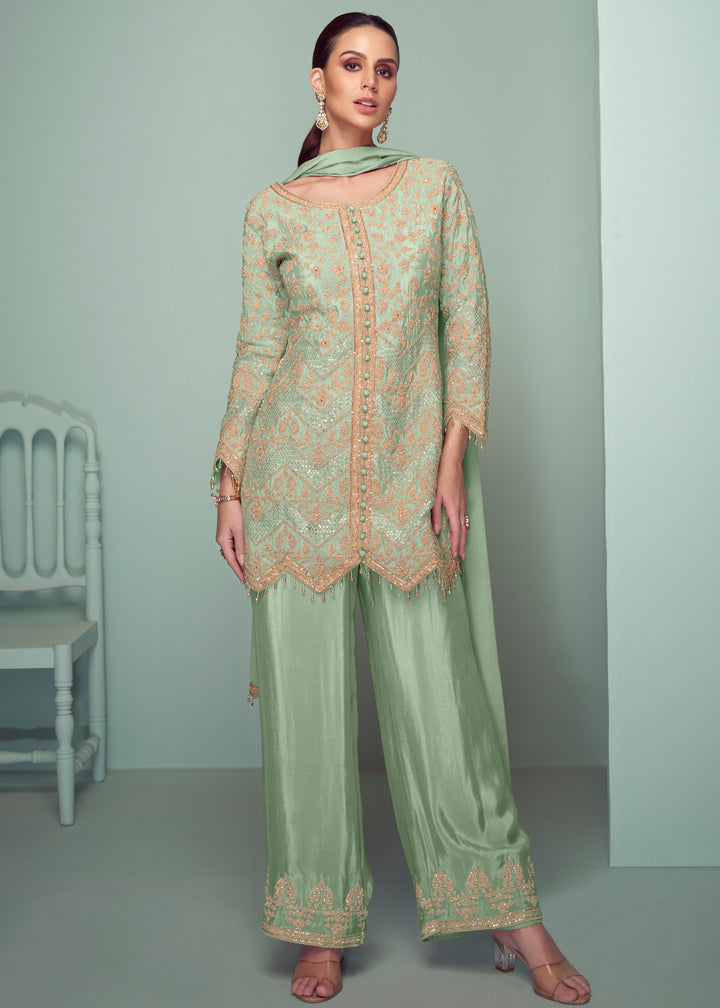 Spring Green Chinnon Silk Plazo Suit With Thread Embroidery